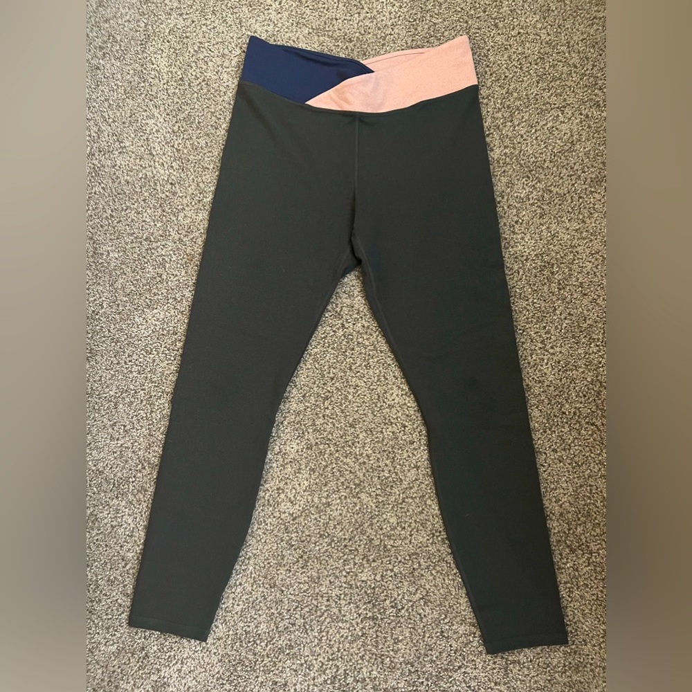 Fabletics 7/8 Leggings, gray with pink and navy waist band, women’s size M